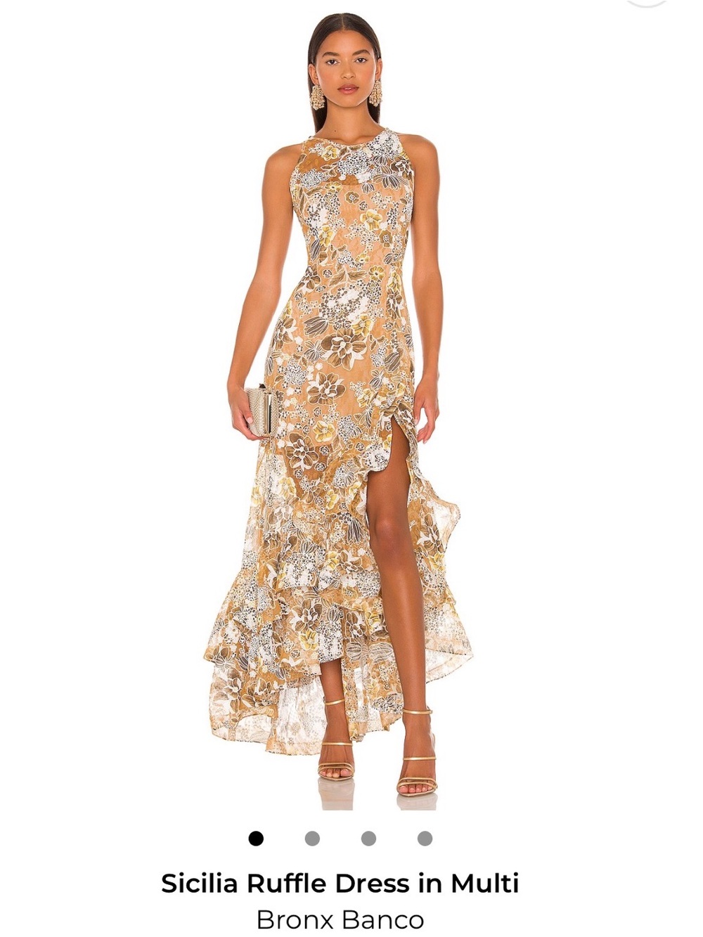 Bronx and Banco Metallic Gold Floral High-Low Halter Dress